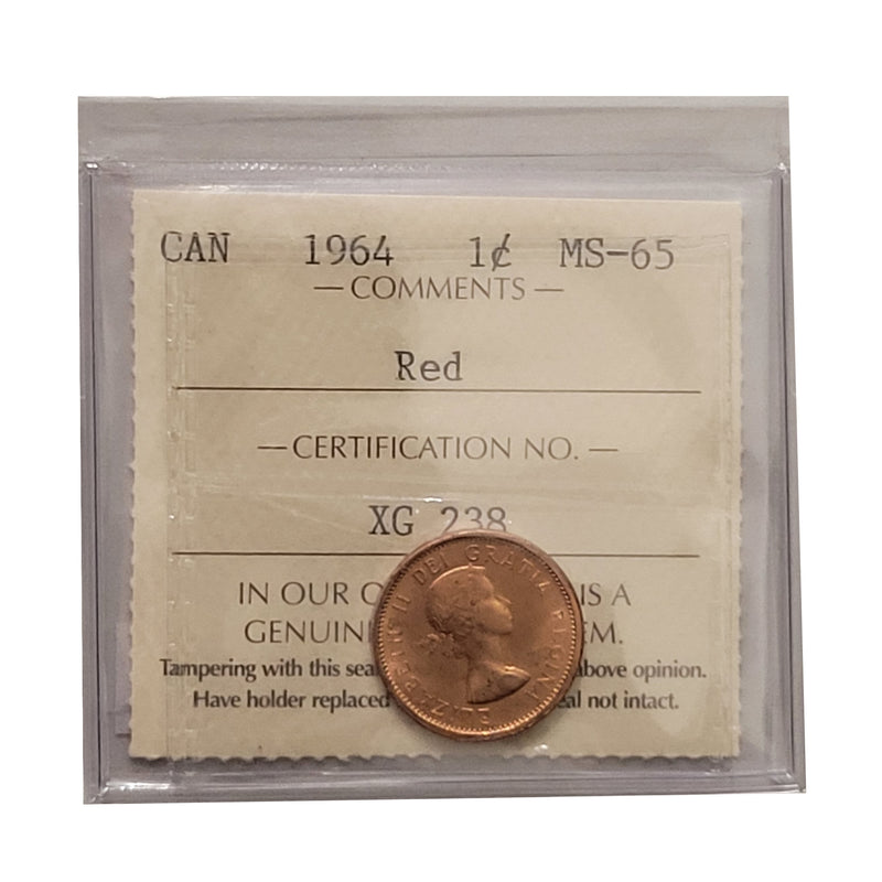 1964 1 Cent Canada Certified ICCS MS-65 Red