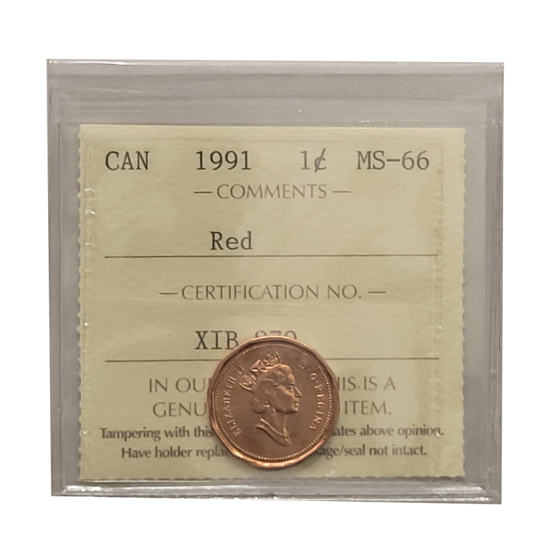 1991 1 Cent Canada Certified ICCS MS-66 Red