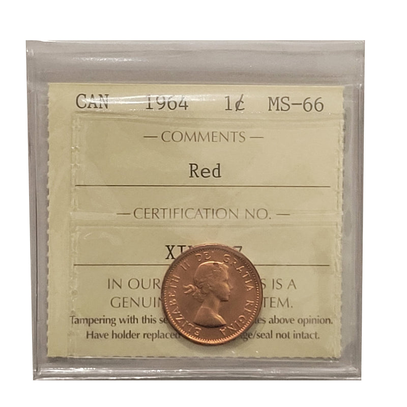 1964 1 Cent Canada Certified ICCS MS-66 Red