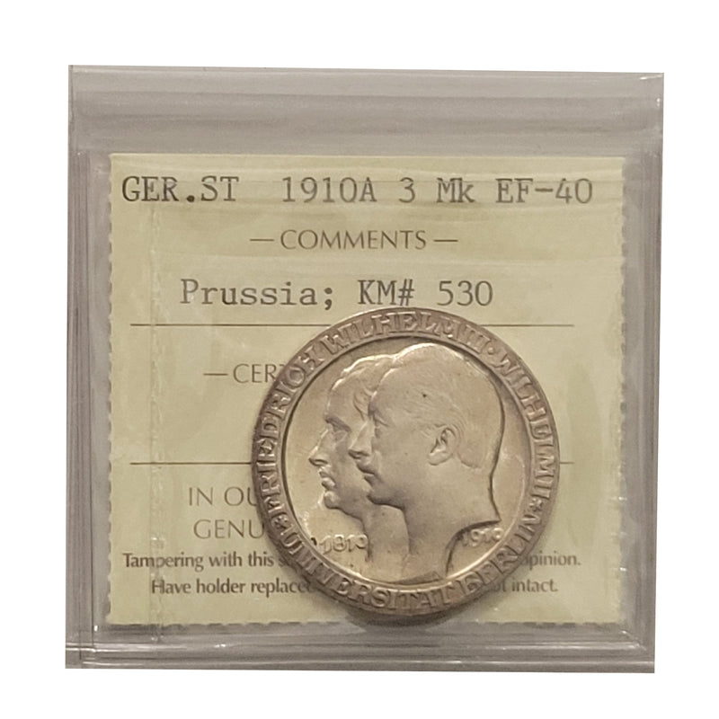 1910-A Prussia 3 Mark Certifield By ICCS EF-40