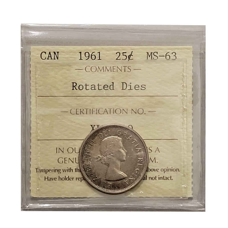 1961 Canada 25 Cent Rotated Dies Certifield ICCS MS-63