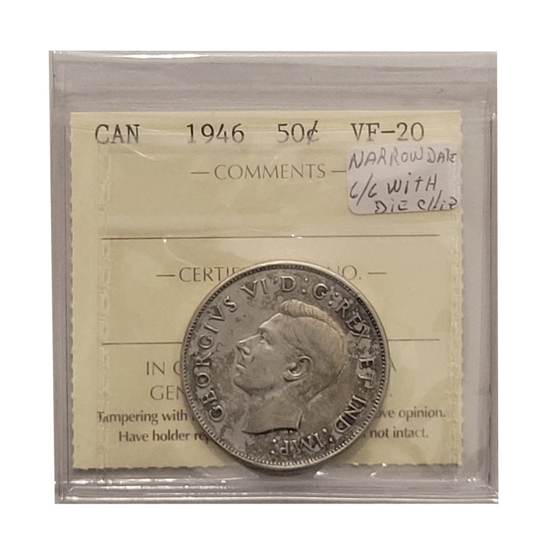 1946 Narrow Date 6/6 50 Cent Canada Certifield ICCS VF-20 Chip In 6