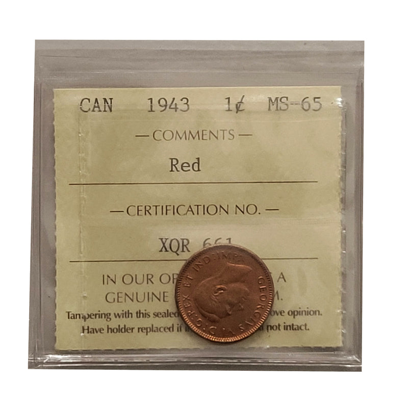 1943 1 Cent Canada Certified ICCS MS-65 Red