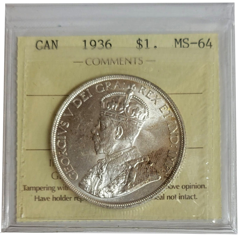 1936 Canada Silver $1 Dollar Certifield ICCS MS-64
