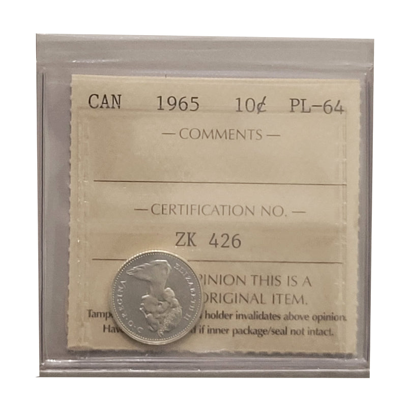 1965 Heavy Cameo 10 Cent Canada Certifield ICCS PL-64
