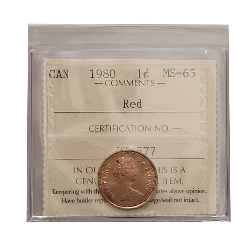 1980 1 Cent Canada Certified ICCS MS-65 Red